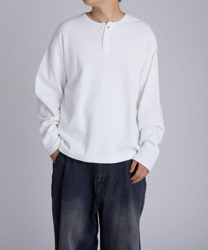 【UNISEX】【Sourcream】華夫格亨利領長袖T恤 [26AW]