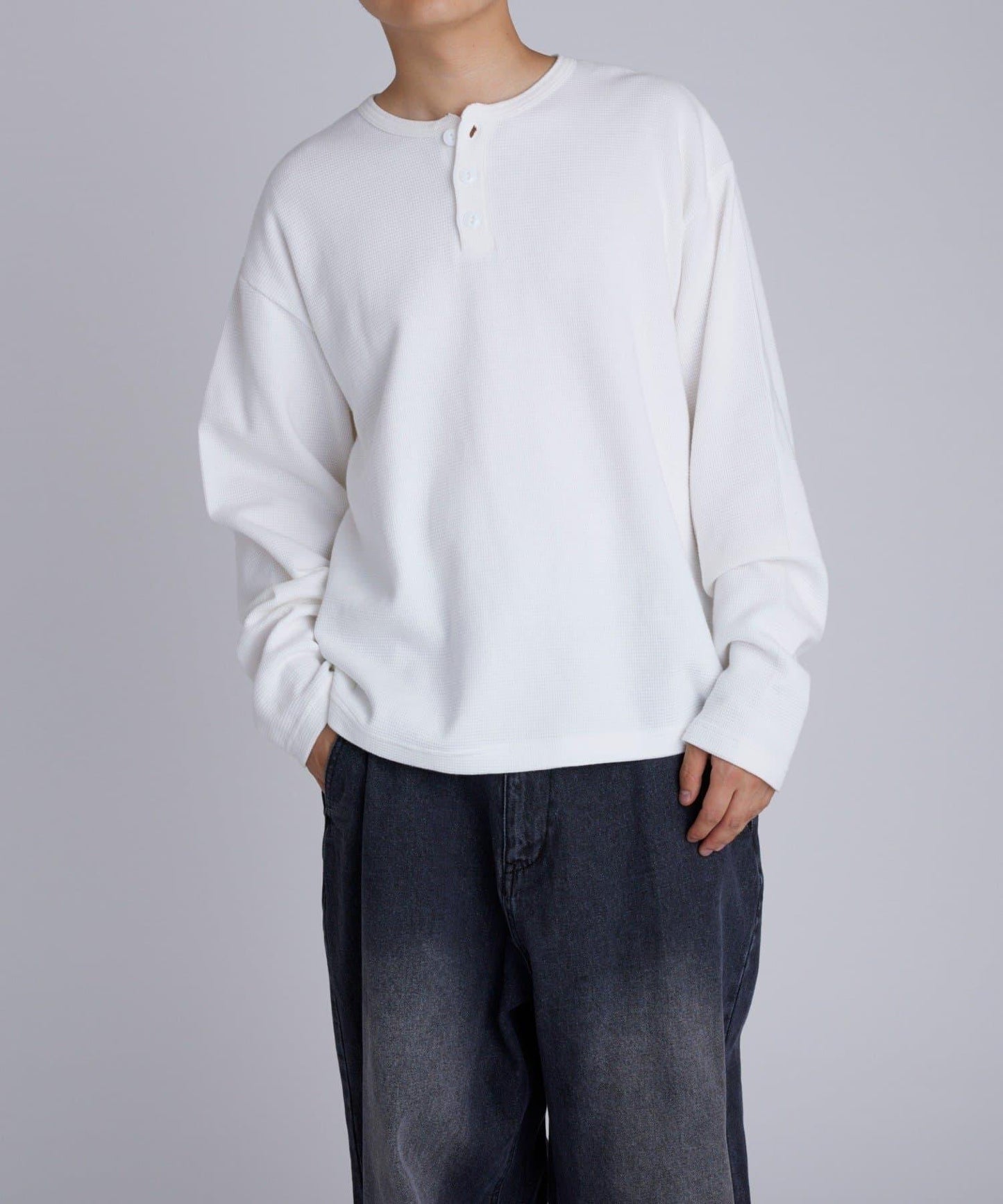 【UNISEX】【Sourcream】華夫格亨利領長袖T恤 [26AW]