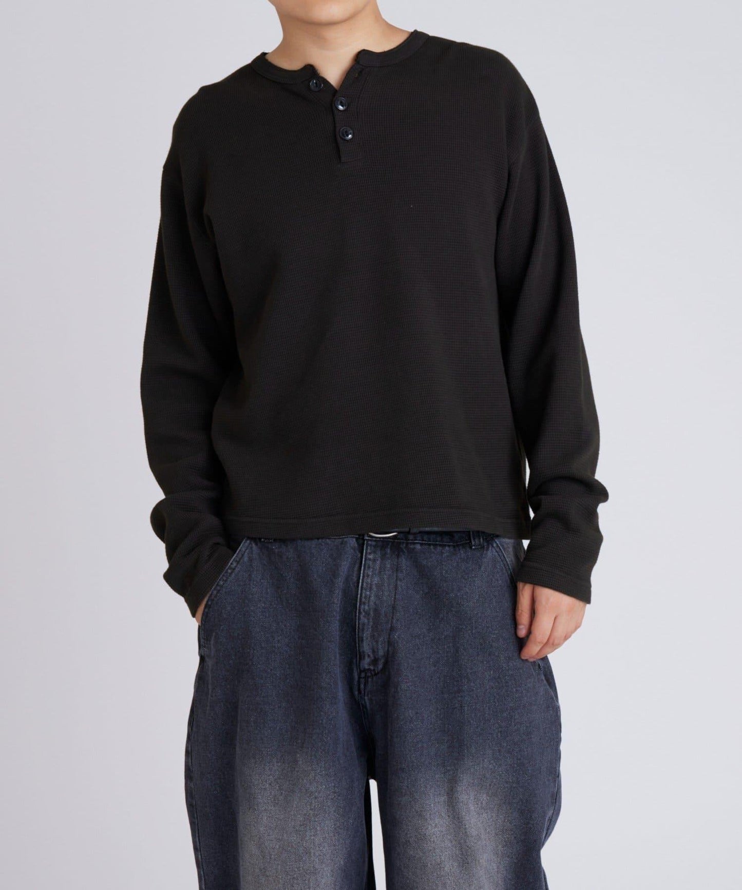 【UNISEX】【Sourcream】華夫格亨利領長袖T恤 [26AW]