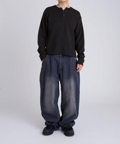 【UNISEX】【Sourcream】華夫格亨利領長袖T恤 [26AW]