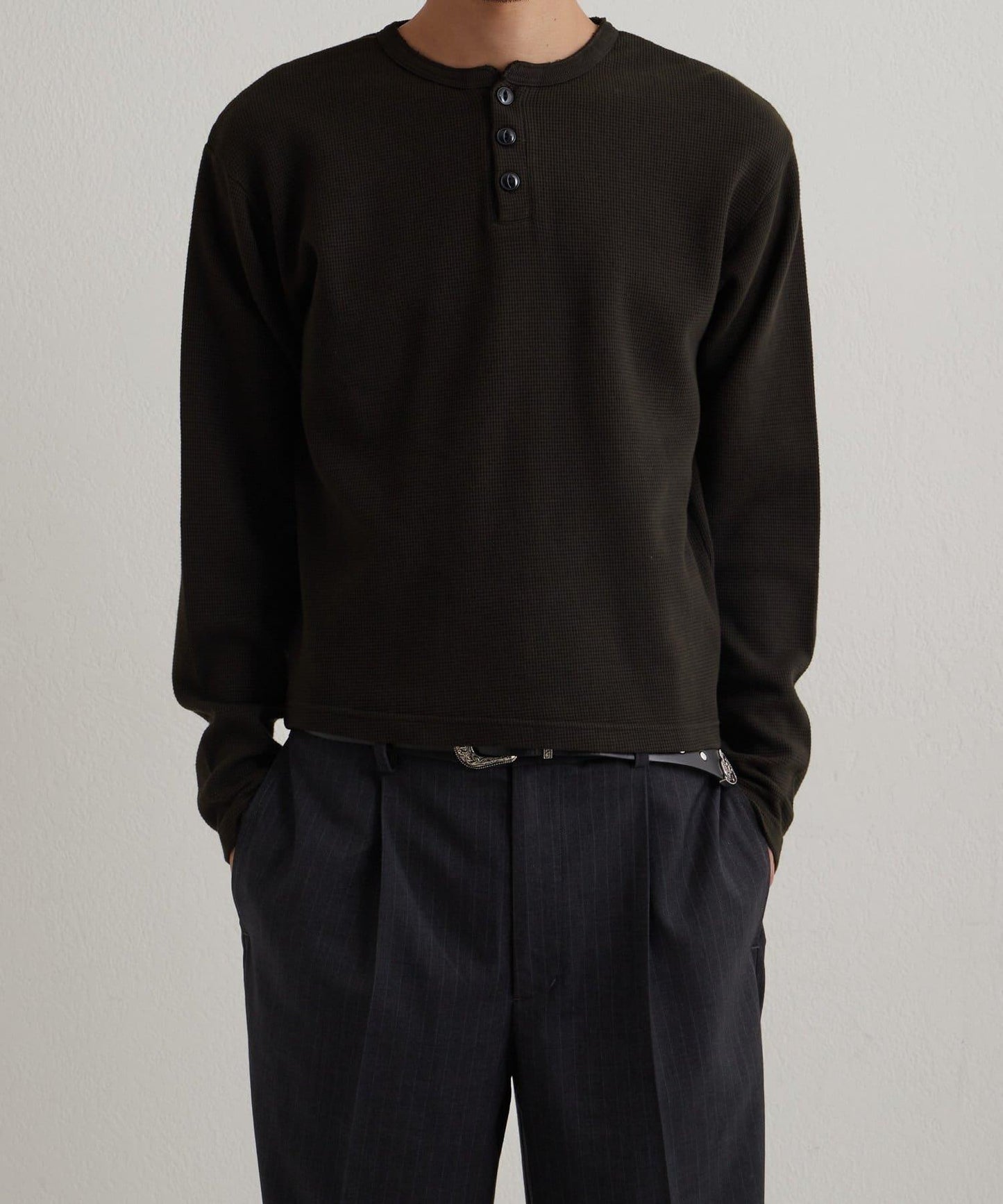 【UNISEX】【Sourcream】華夫格亨利領長袖T恤 [26AW]