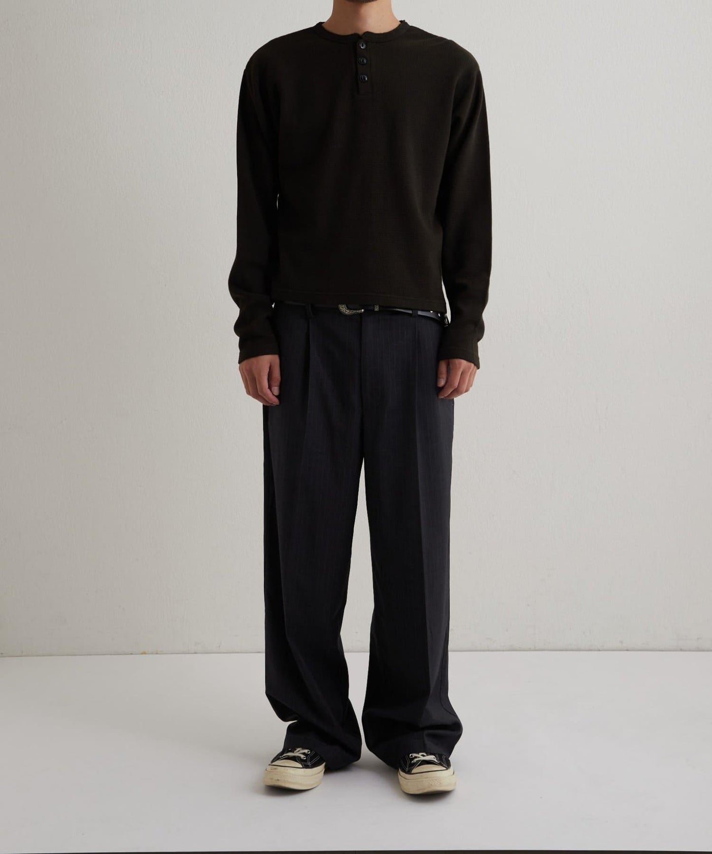 【UNISEX】【Sourcream】華夫格亨利領長袖T恤 [26AW]
