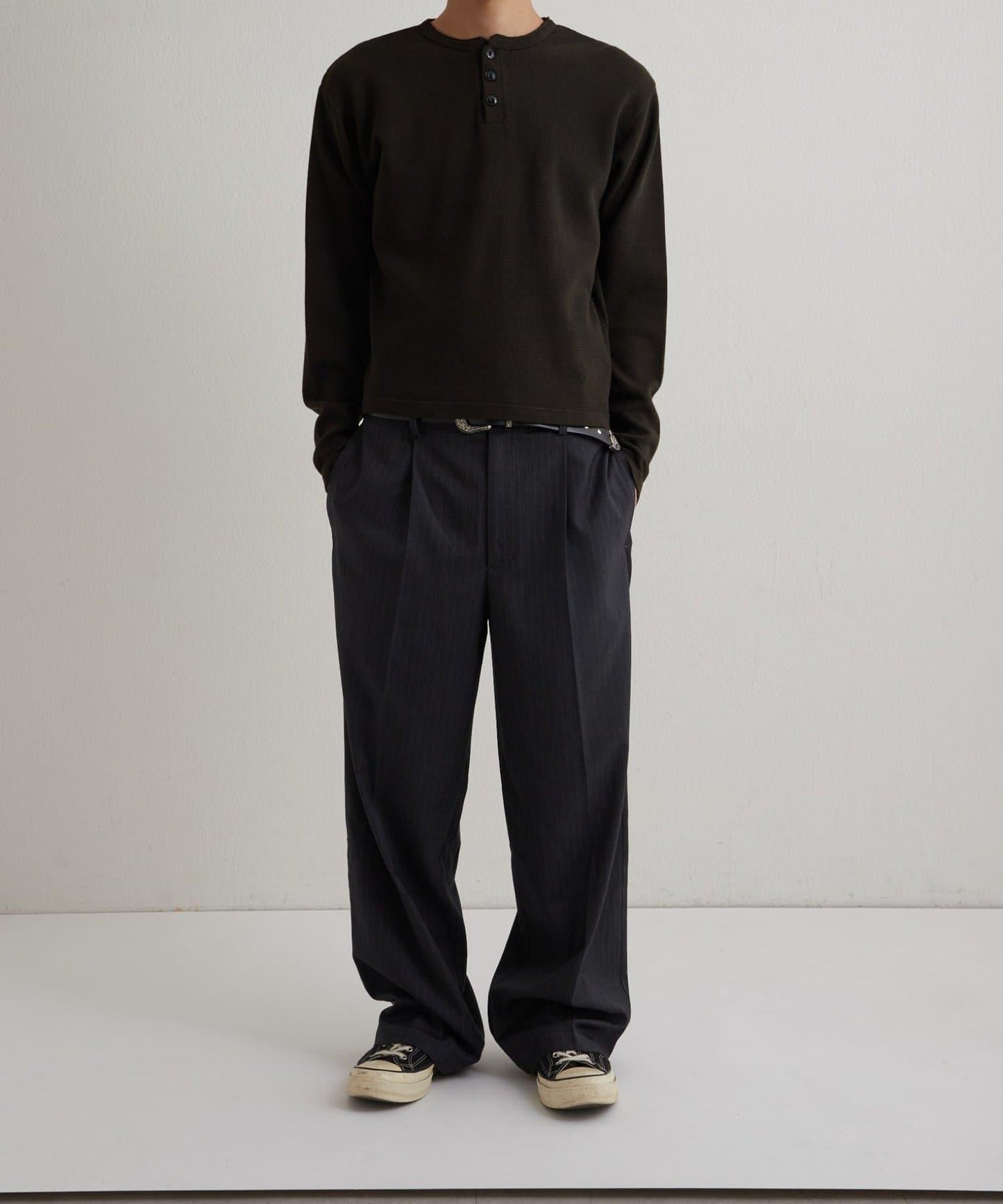【UNISEX】【Sourcream】華夫格亨利領長袖T恤 [26AW]