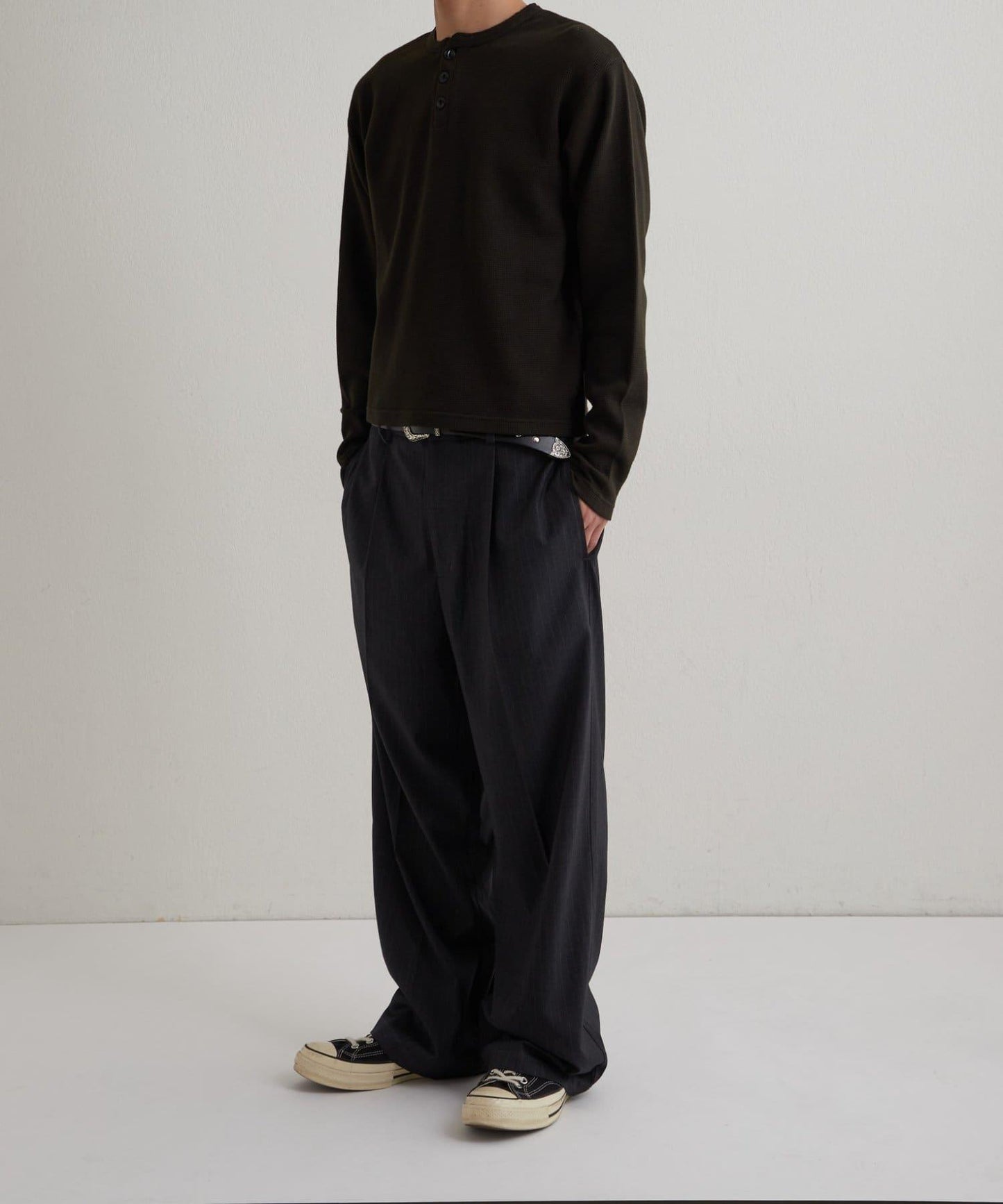 【UNISEX】【Sourcream】華夫格亨利領長袖T恤 [26AW]