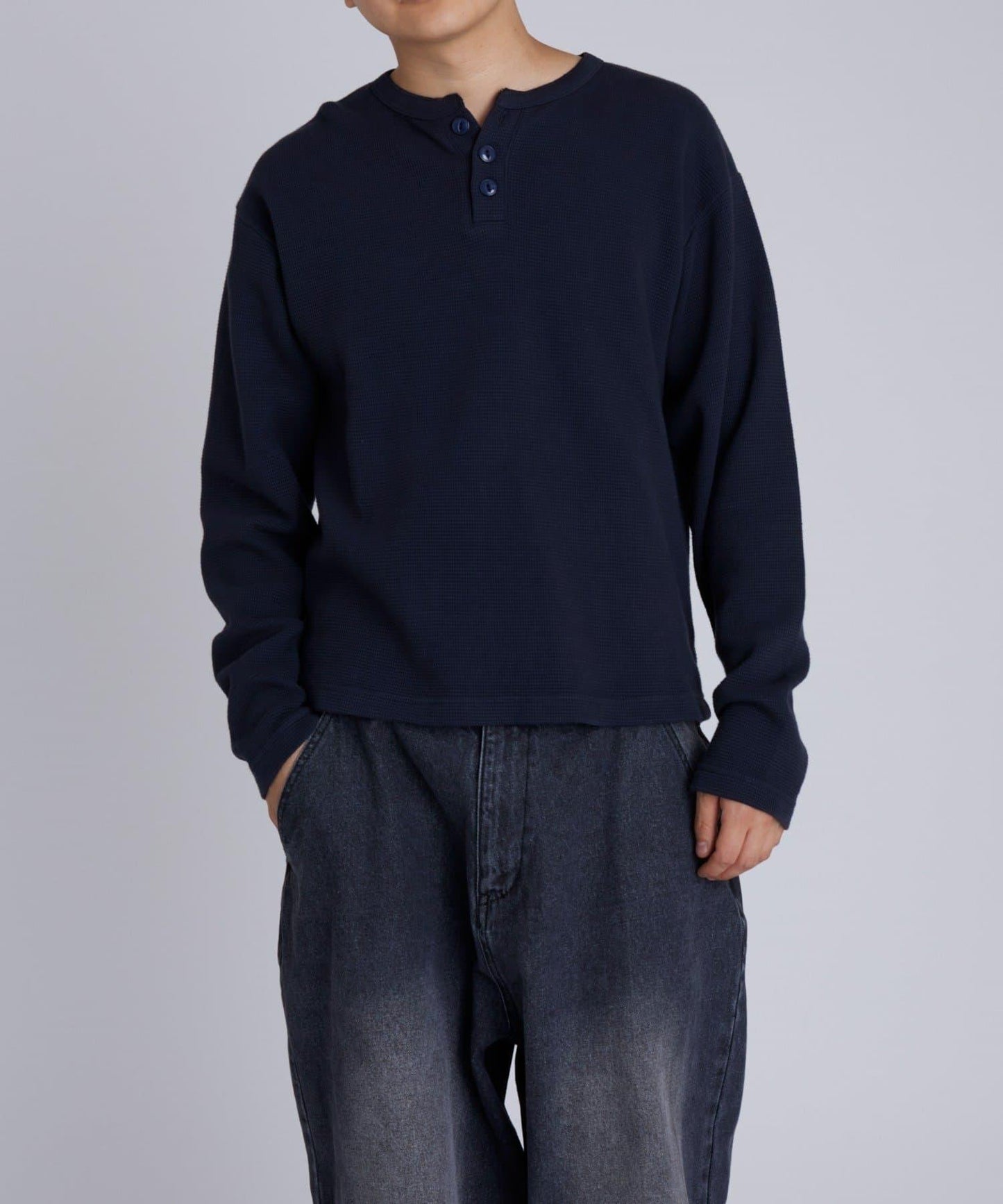 【UNISEX】【Sourcream】華夫格亨利領長袖T恤 [26AW]