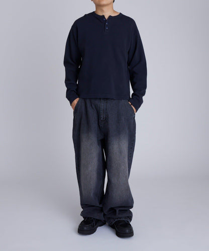 【UNISEX】【Sourcream】華夫格亨利領長袖T恤 [26AW]