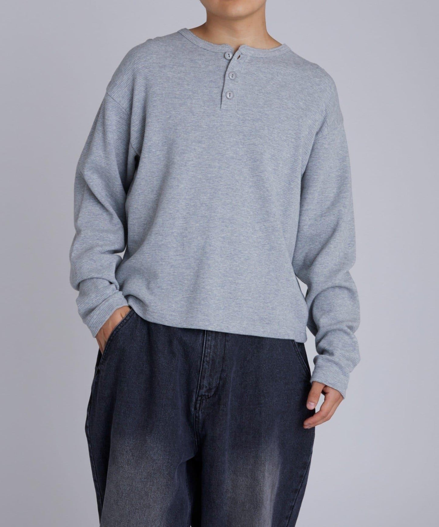【UNISEX】【Sourcream】華夫格亨利領長袖T恤 [26AW]