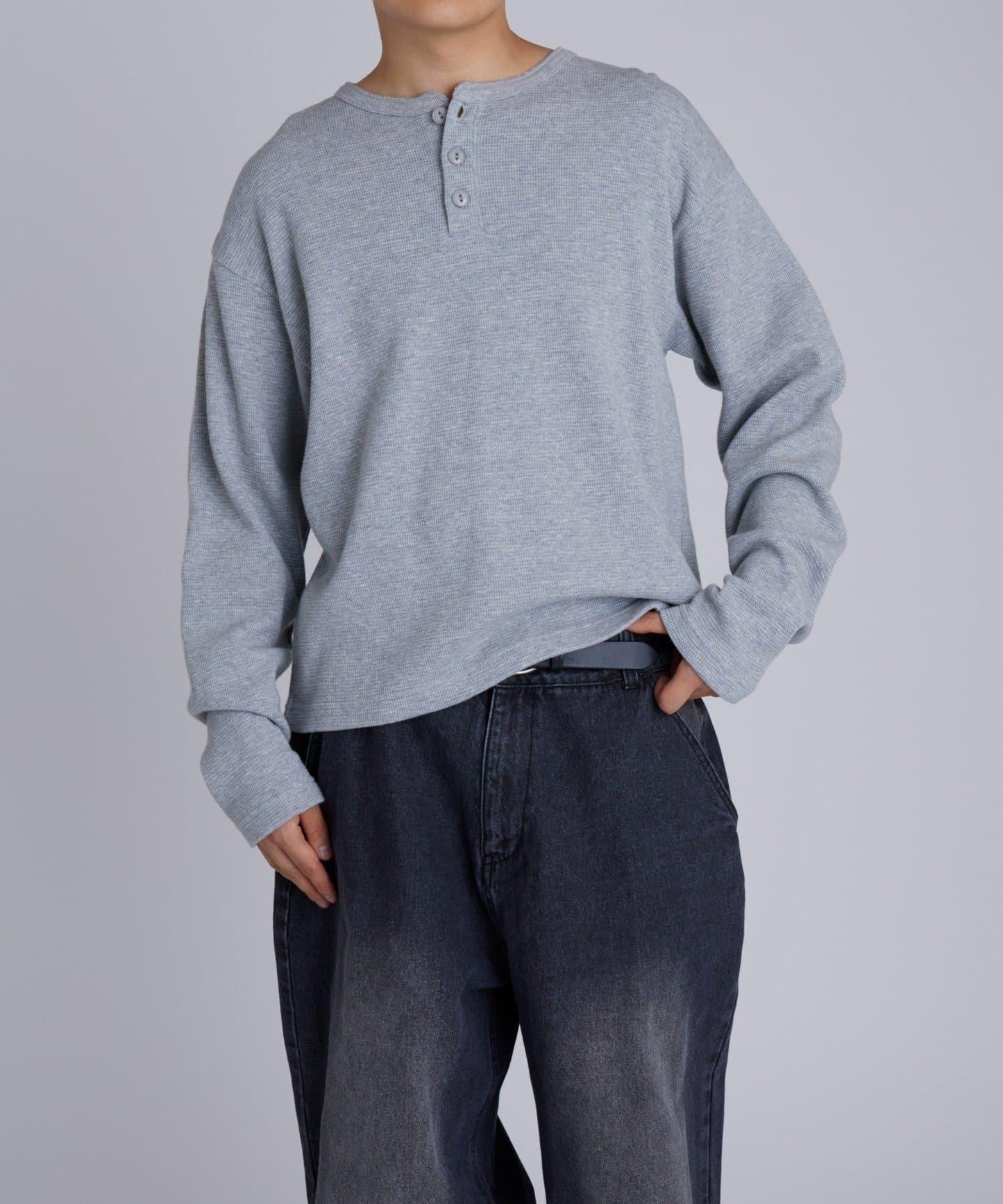 【UNISEX】【Sourcream】華夫格亨利領長袖T恤 [26AW]