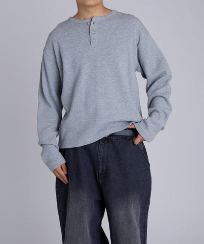 【UNISEX】【Sourcream】華夫格亨利領長袖T恤 [26AW]