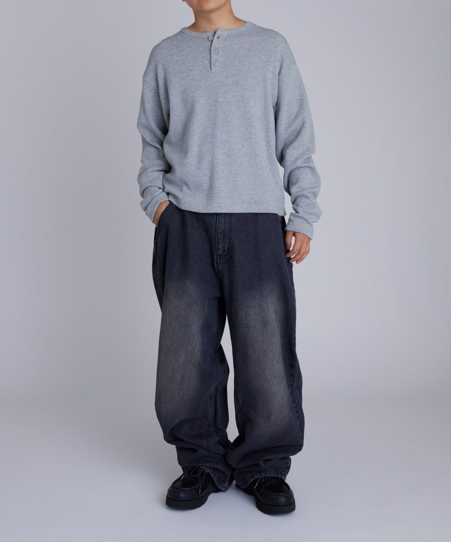 【UNISEX】【Sourcream】華夫格亨利領長袖T恤 [26AW]