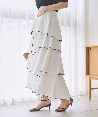 撞色 荷葉邊 不規則下襬 蛋糕半身裙