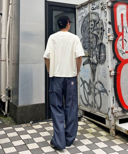 條紋牛仔雙膝補丁褲