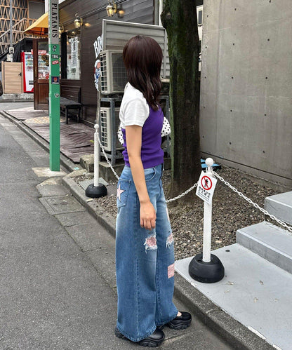 花朵拼布破洞牛仔褲