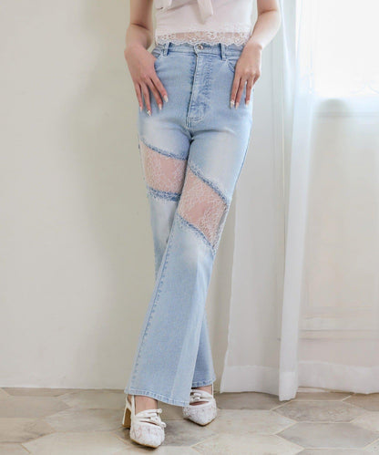 one after another 蕾絲拼接牛仔褲