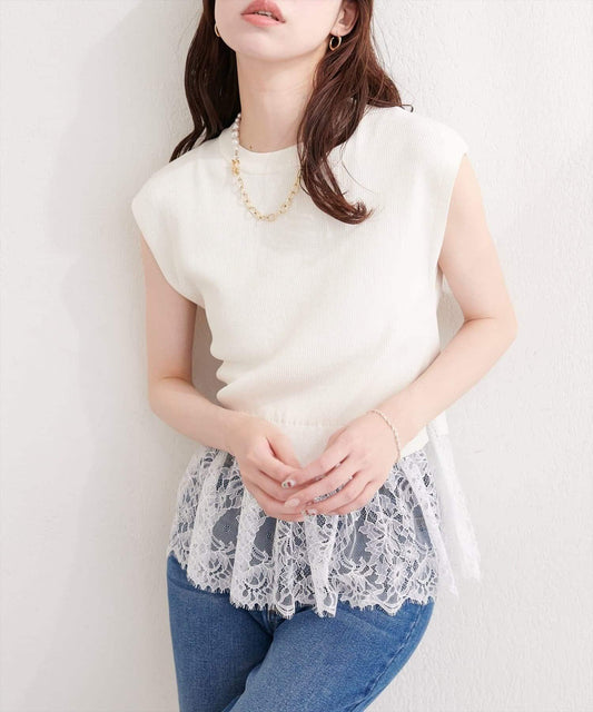 natural couture 蕾絲下襬法式袖針織套頭衫