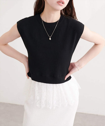 natural couture 蕾絲下襬法式袖針織套頭衫