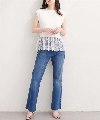 natural couture 蕾絲下襬法式袖針織套頭衫