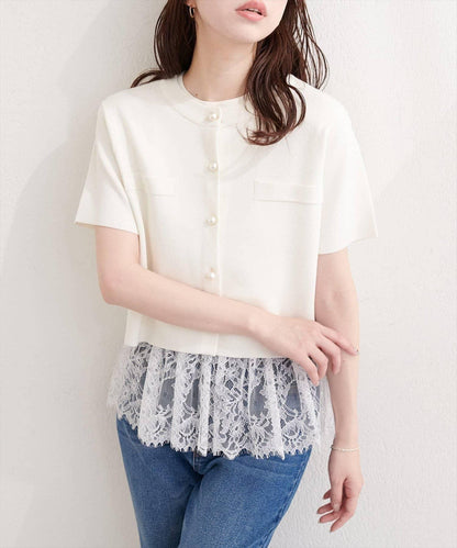 natural couture 蕾絲下襬法式袖針織套頭衫