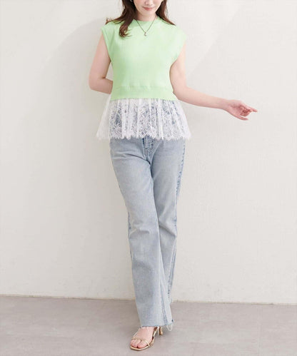 natural couture 蕾絲下襬法式袖針織套頭衫