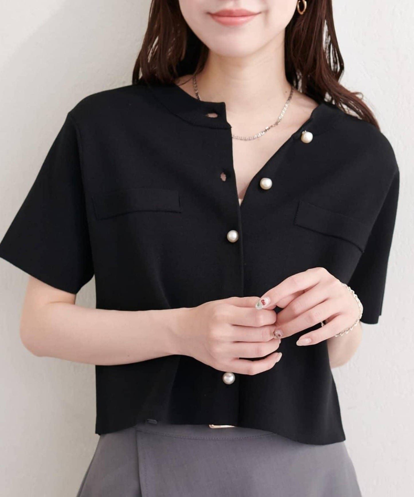 natural couture 珍珠扣短袖針織開衫