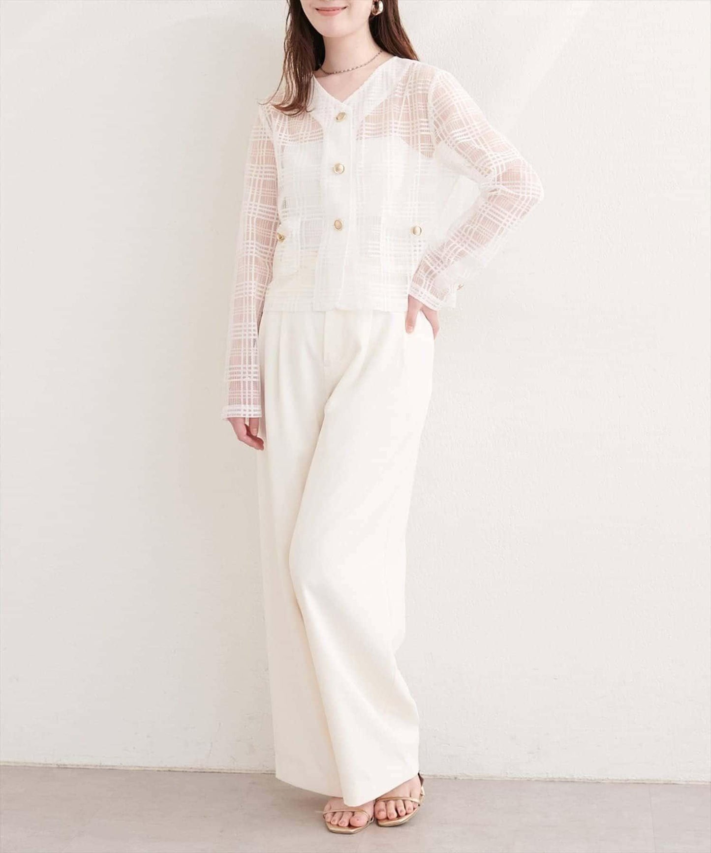 natural couture 透視格紋無領短夾克