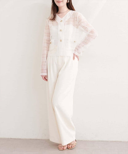 natural couture 透視格紋無領短夾克