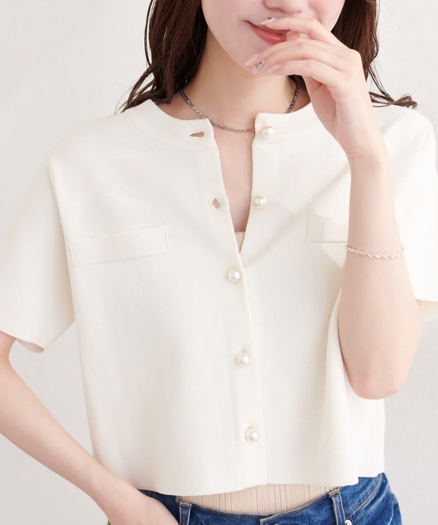 natural couture 珍珠扣短袖針織開衫