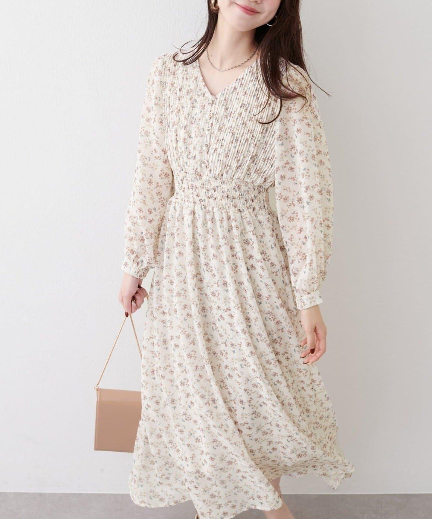 natural couture 腰部抽褶百褶連衣裙