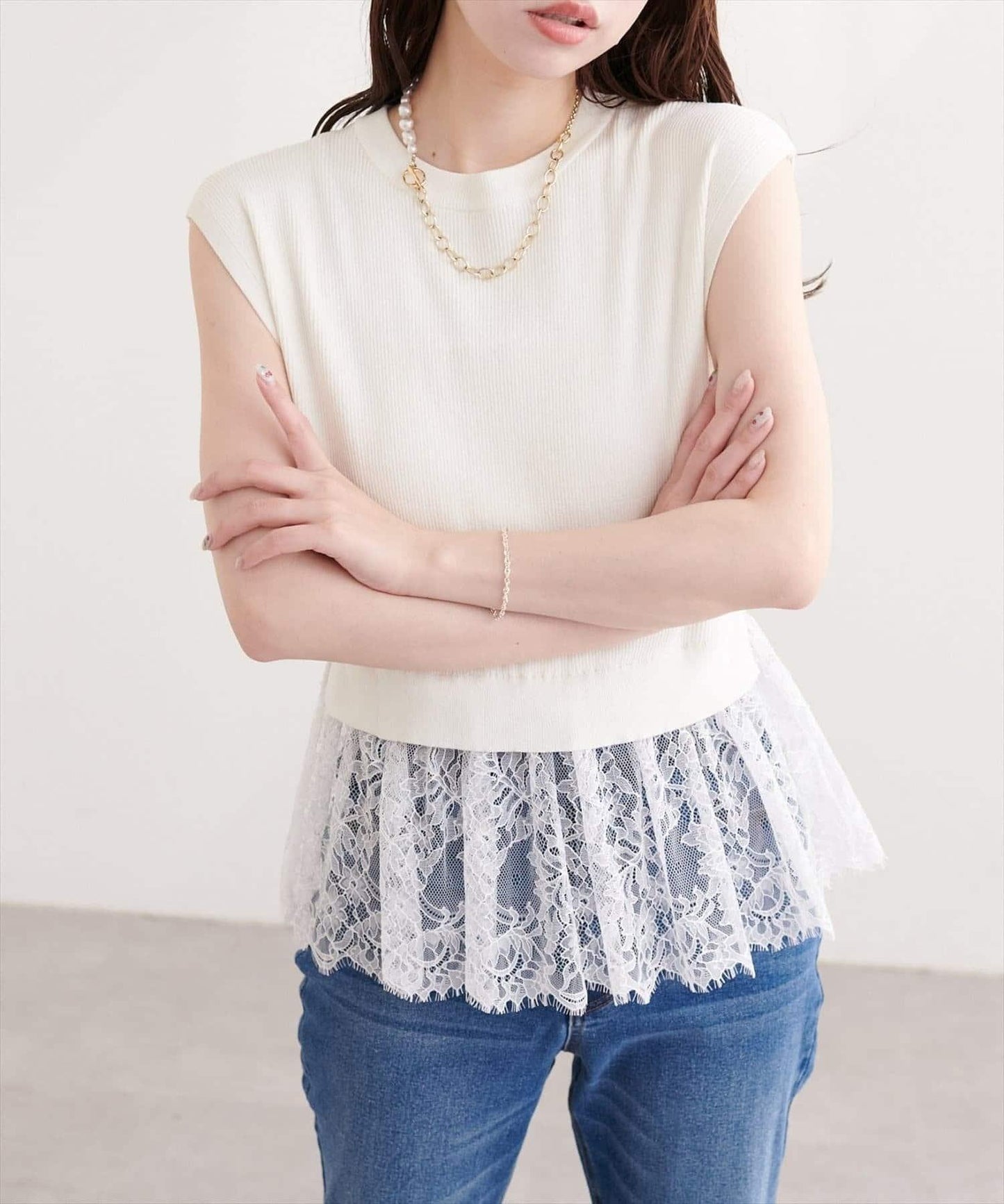 natural couture 蕾絲下襬法式袖針織套頭衫