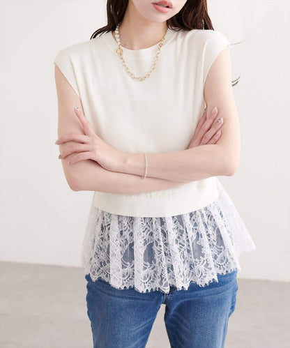 natural couture 蕾絲下襬法式袖針織套頭衫