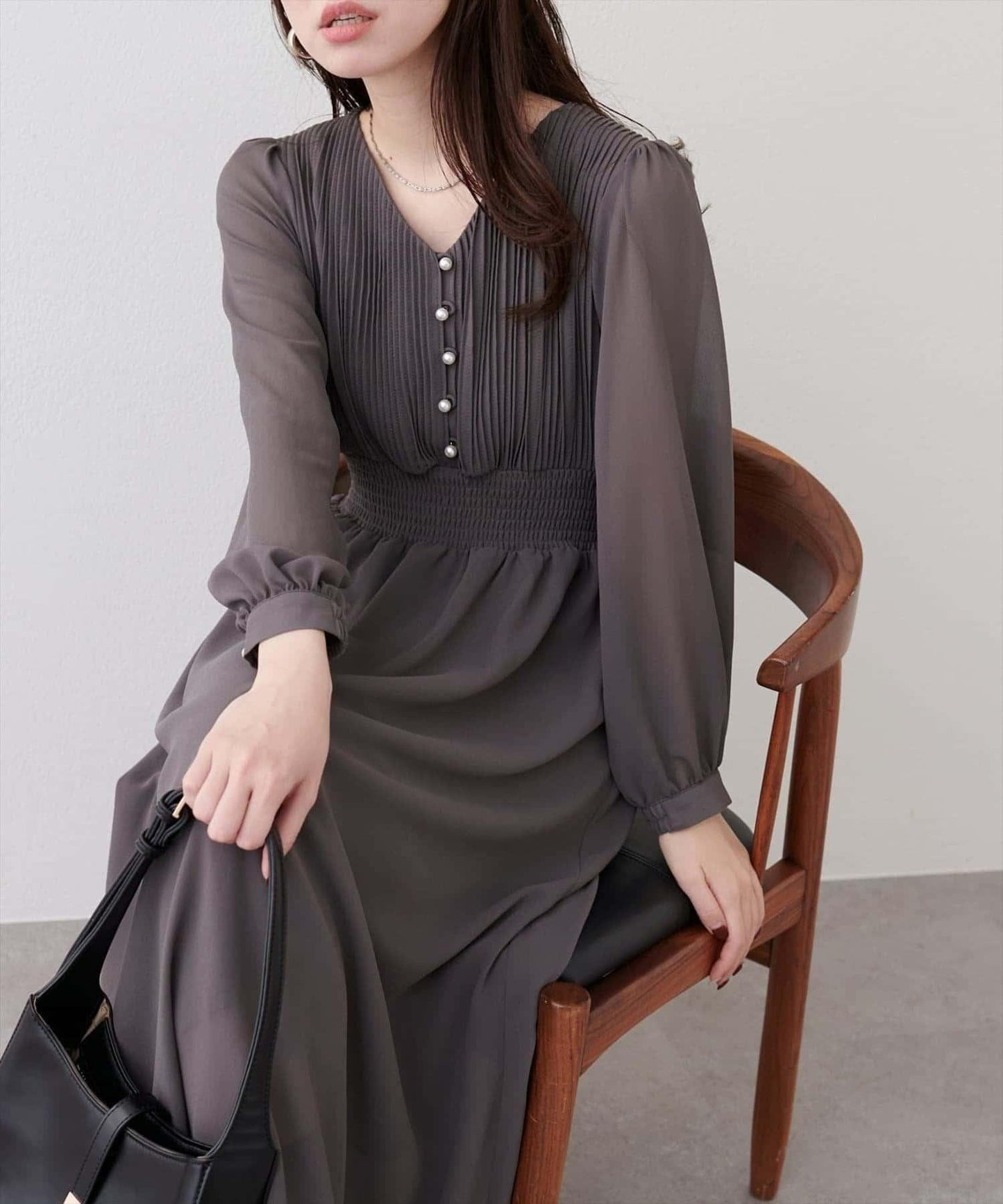 natural couture 腰部抽褶百褶連衣裙