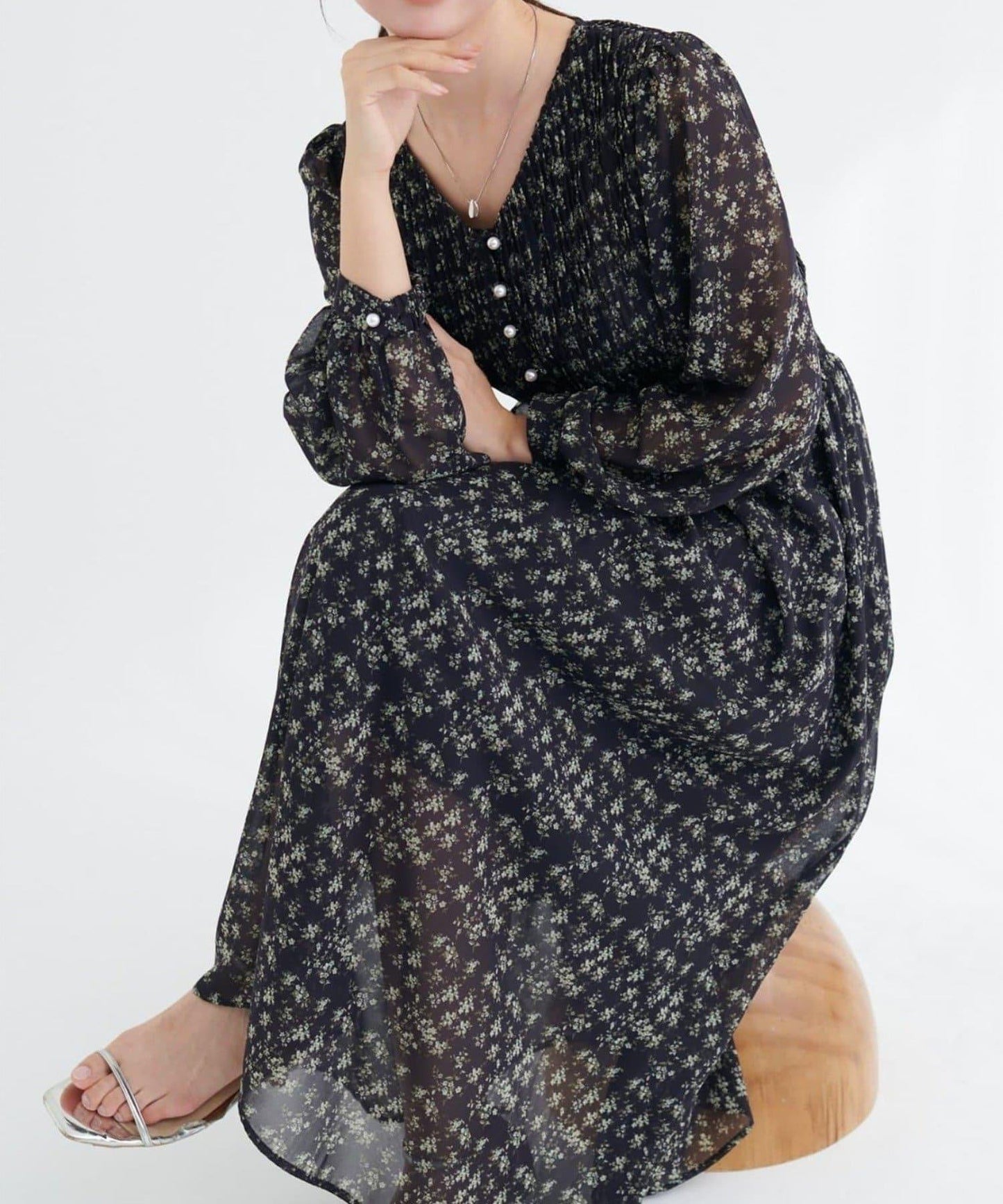 natural couture 腰部抽褶百褶連衣裙