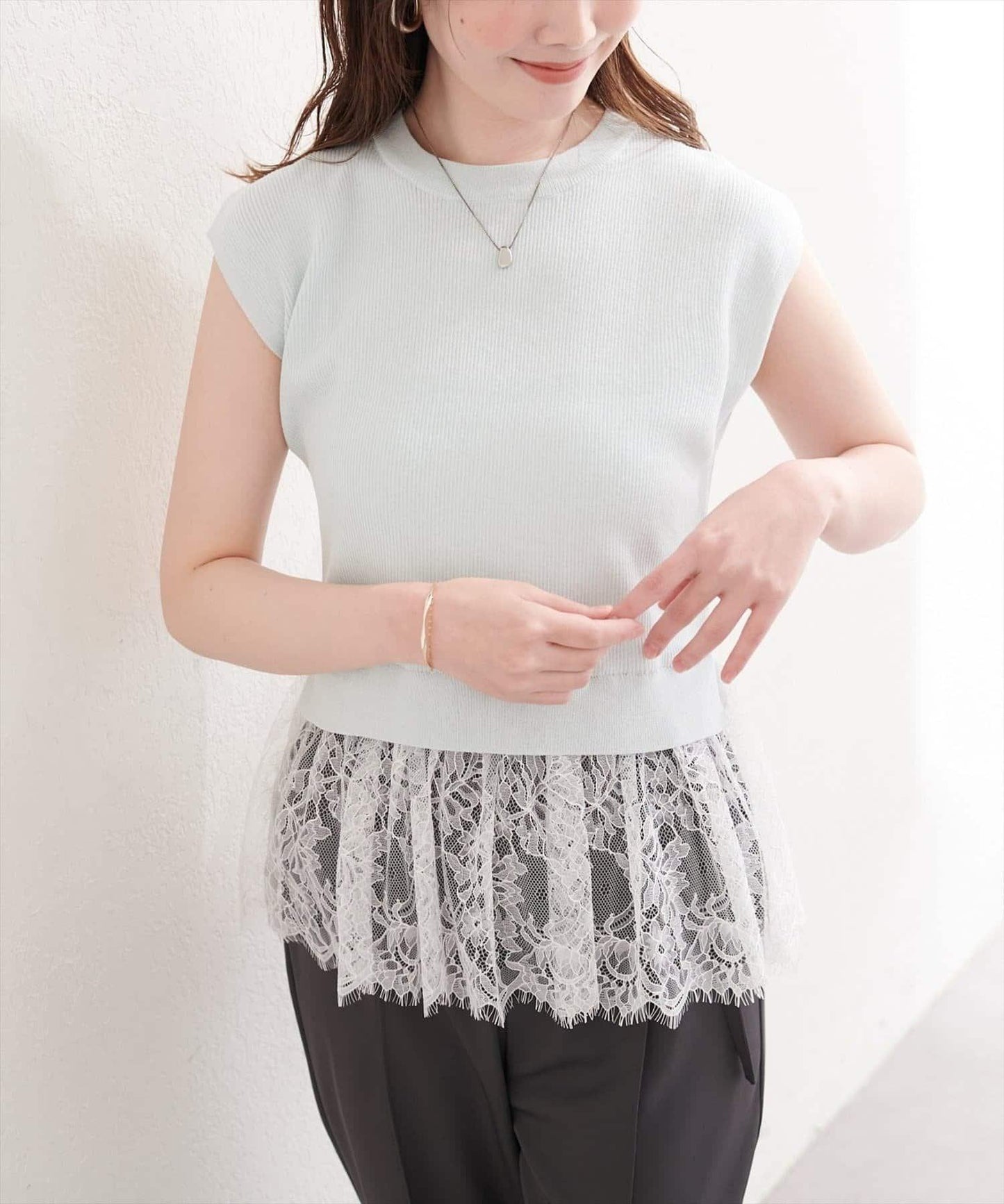natural couture 蕾絲下襬法式袖針織套頭衫