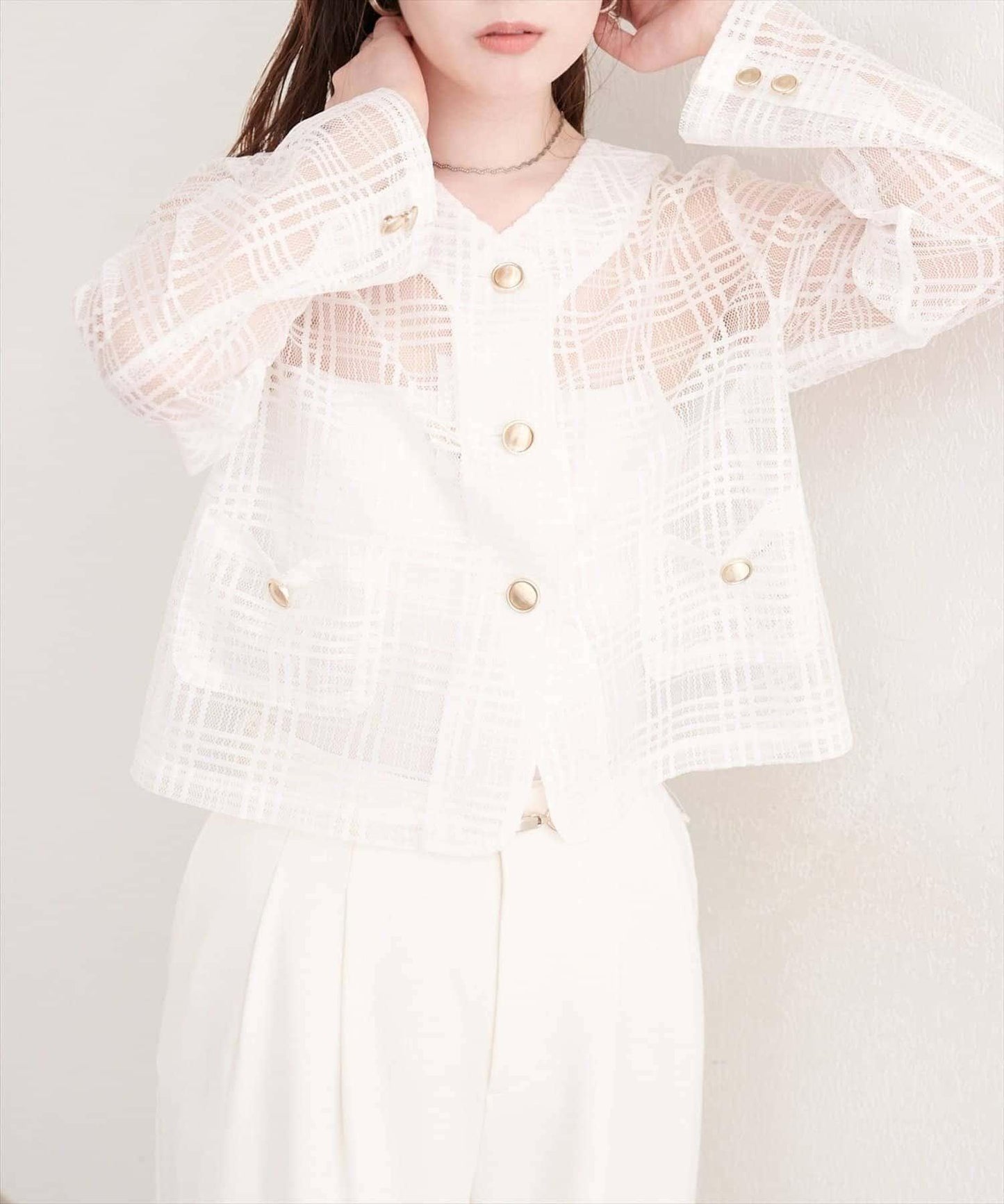 natural couture 透視格紋無領短夾克