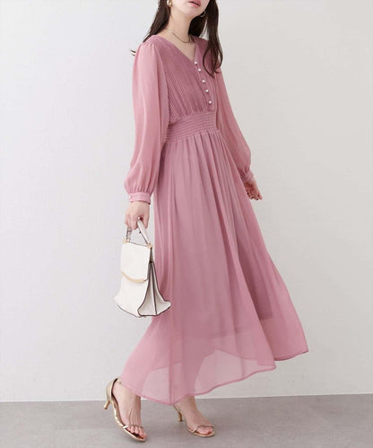natural couture 腰部抽褶百褶連衣裙