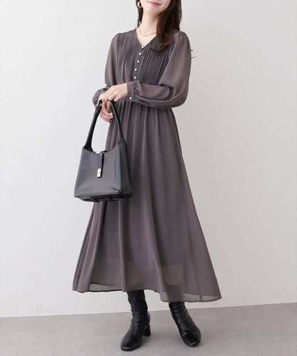 natural couture 腰部抽褶百褶連衣裙