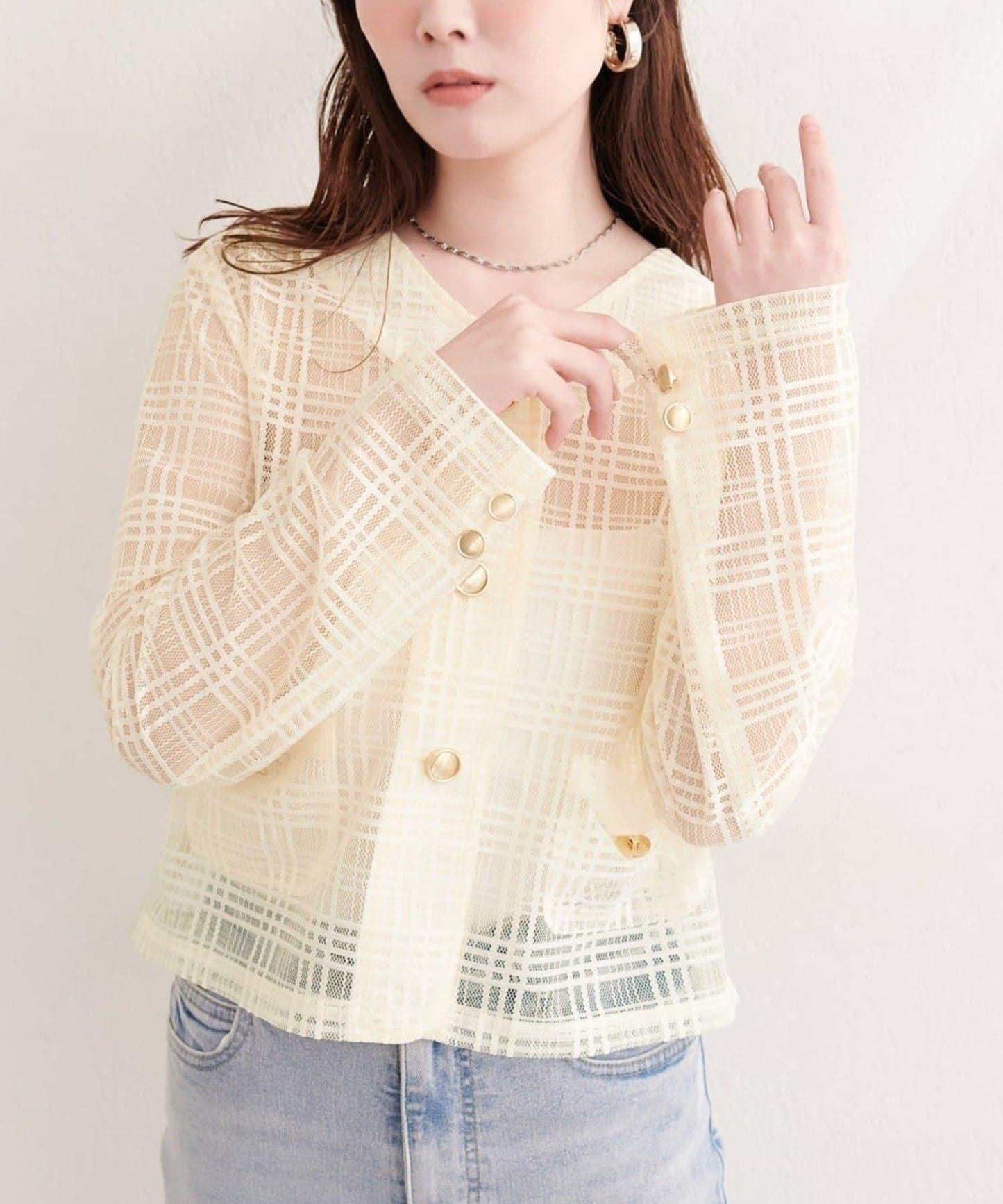 natural couture 透視格紋無領短夾克