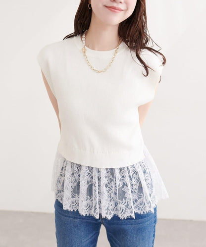natural couture 蕾絲下襬法式袖針織套頭衫