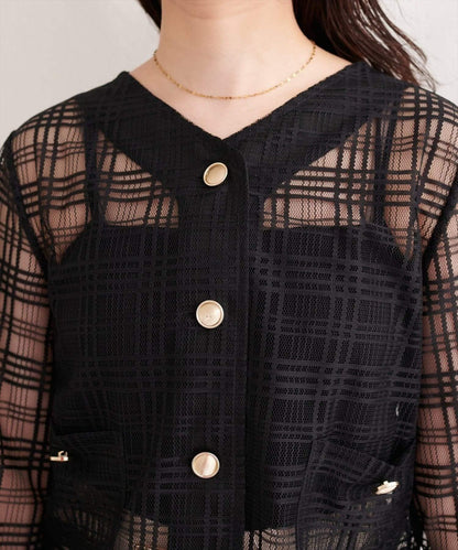 natural couture 透視格紋無領短夾克