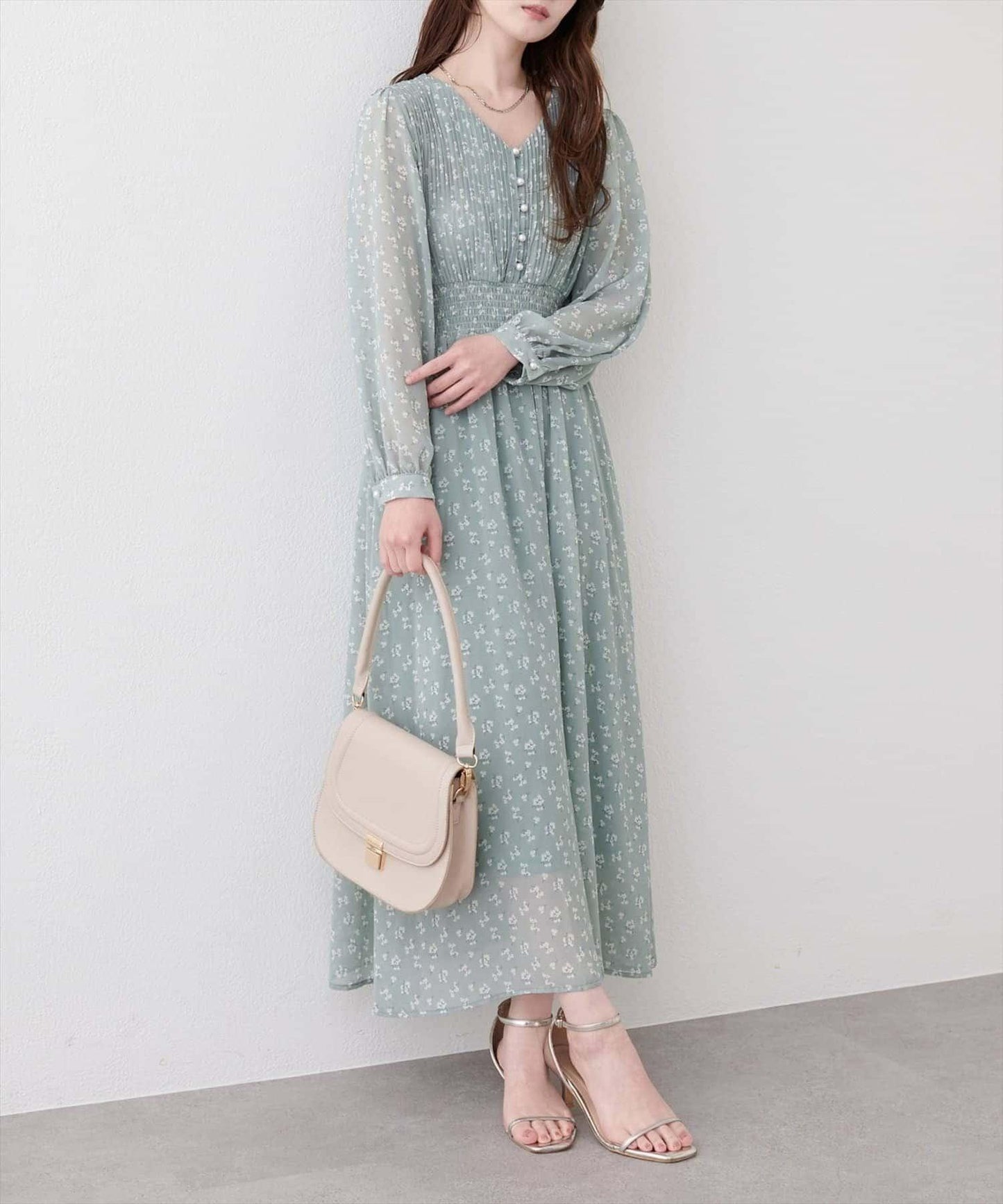 natural couture 腰部抽褶百褶連衣裙