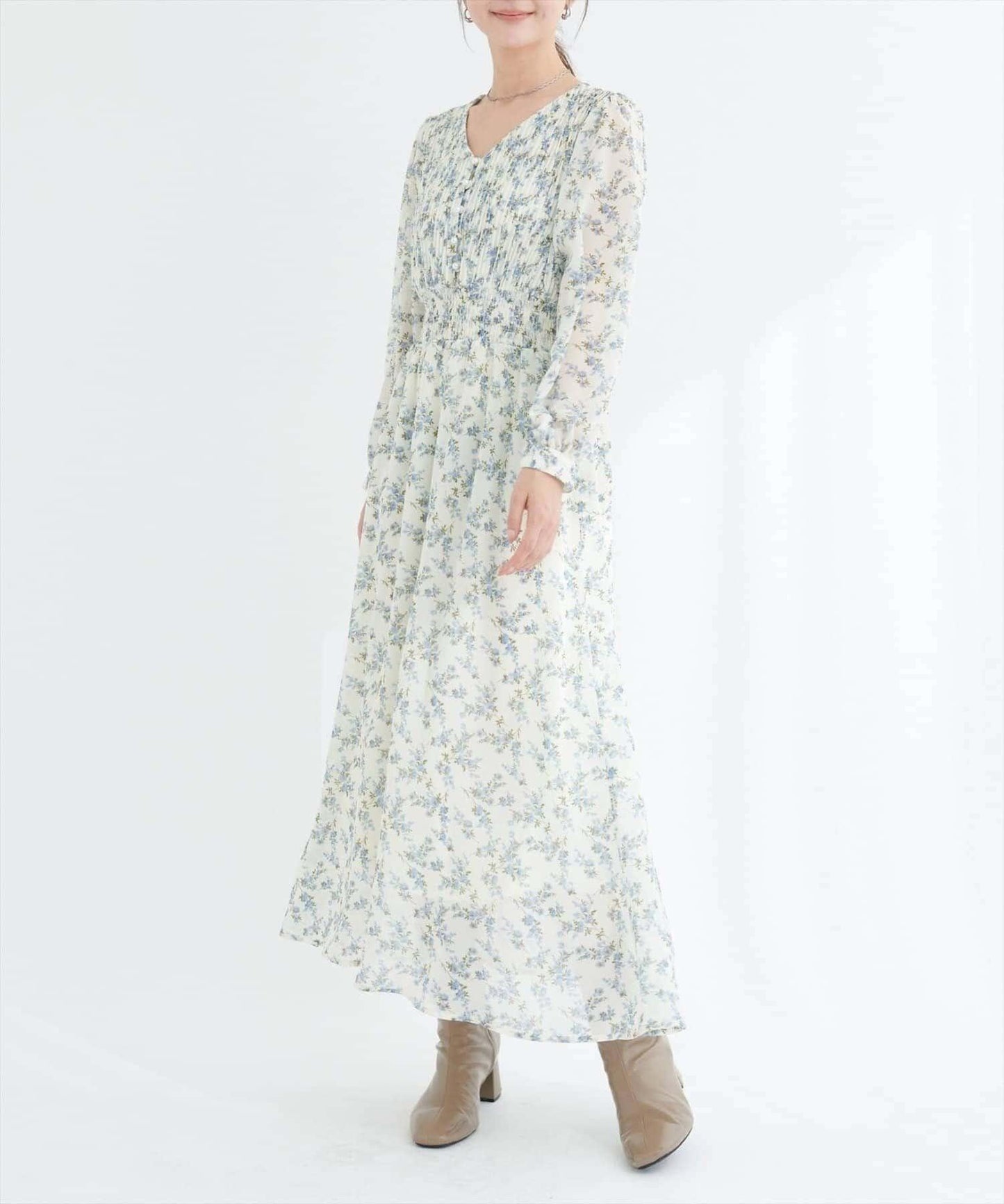 natural couture 腰部抽褶百褶連衣裙