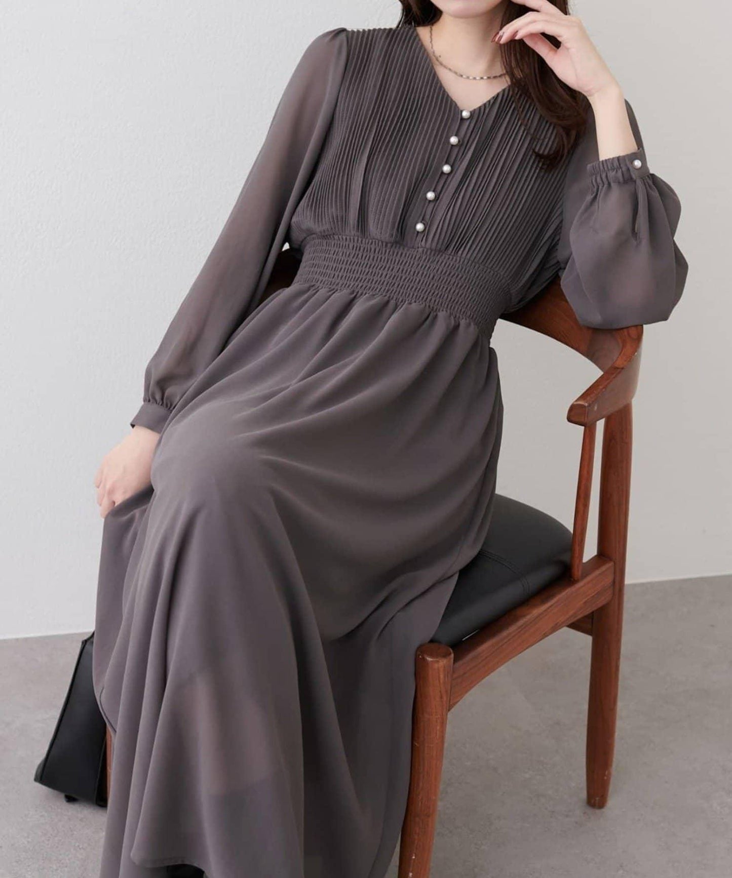 natural couture 腰部抽褶百褶連衣裙