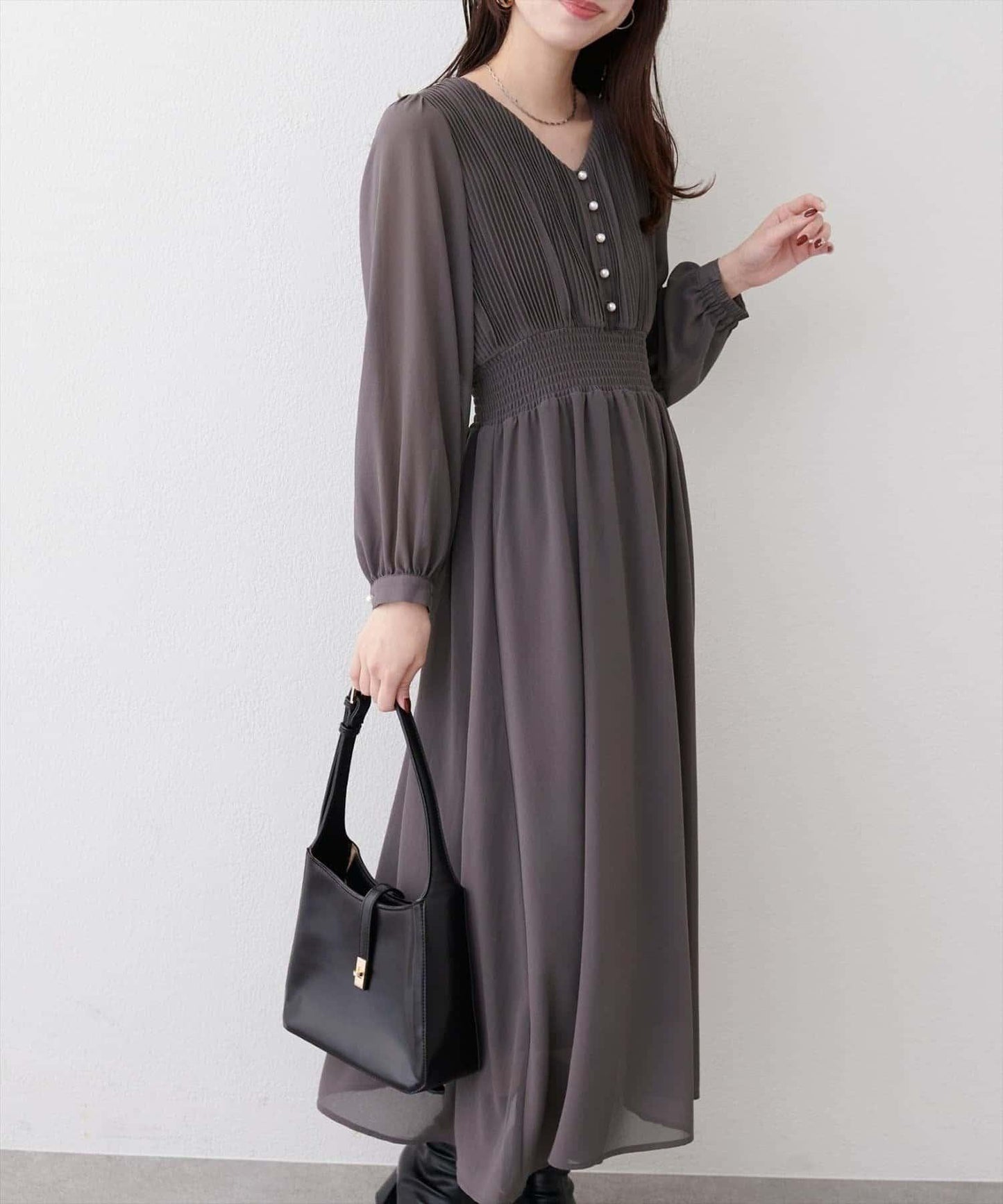 natural couture 腰部抽褶百褶連衣裙