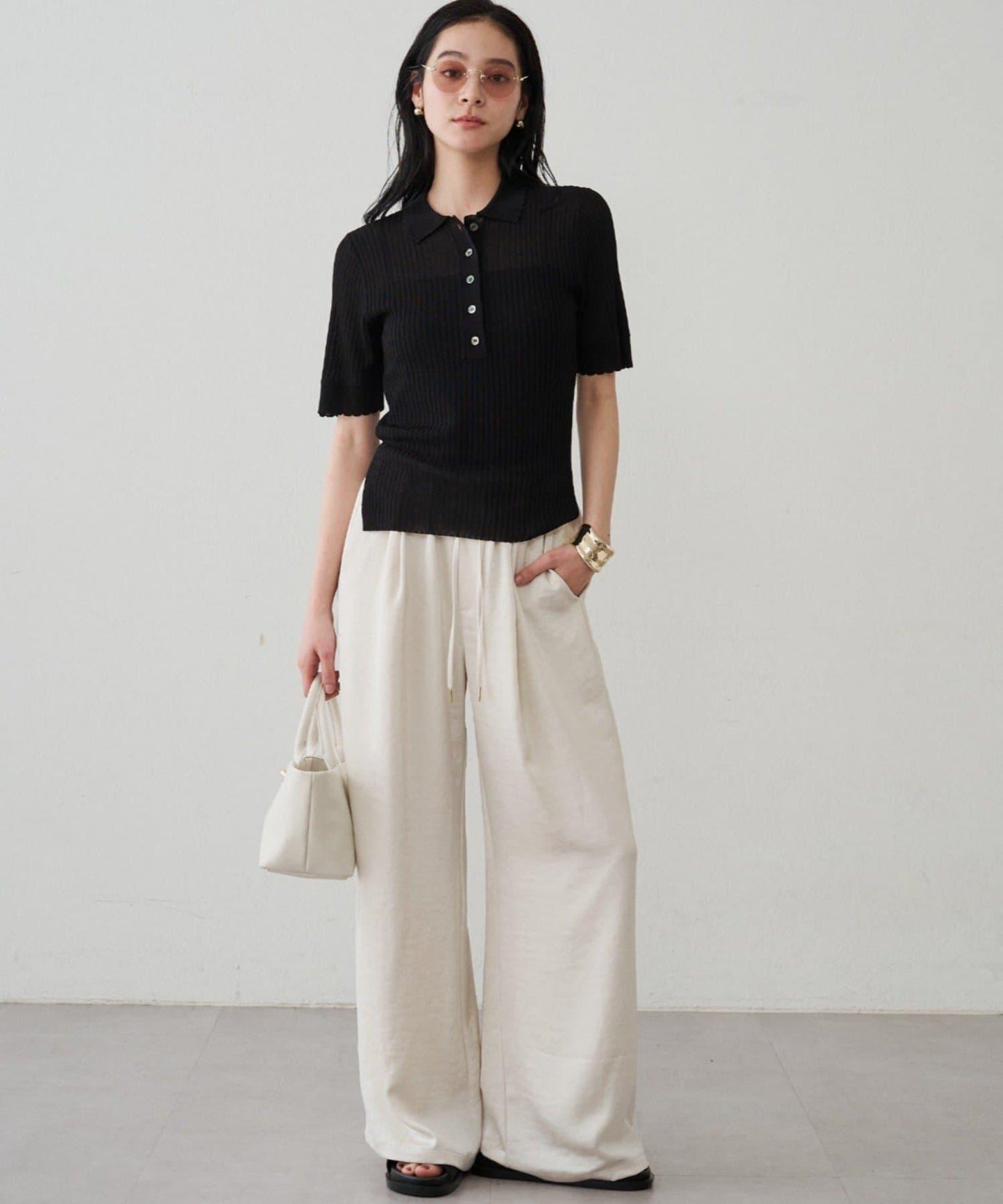 Loungedress 透視羅紋Polo針織衫