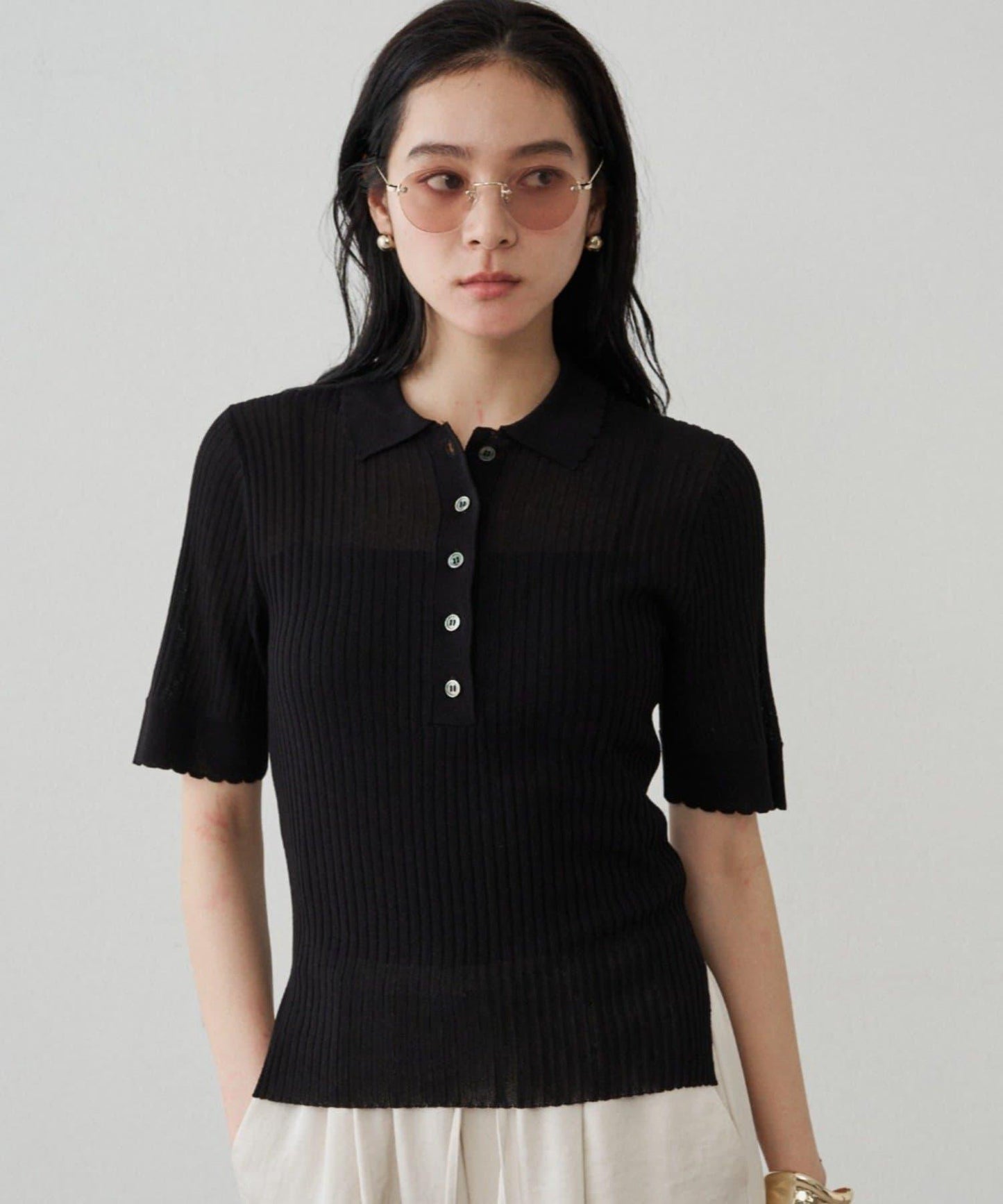 Loungedress 透視羅紋Polo針織衫