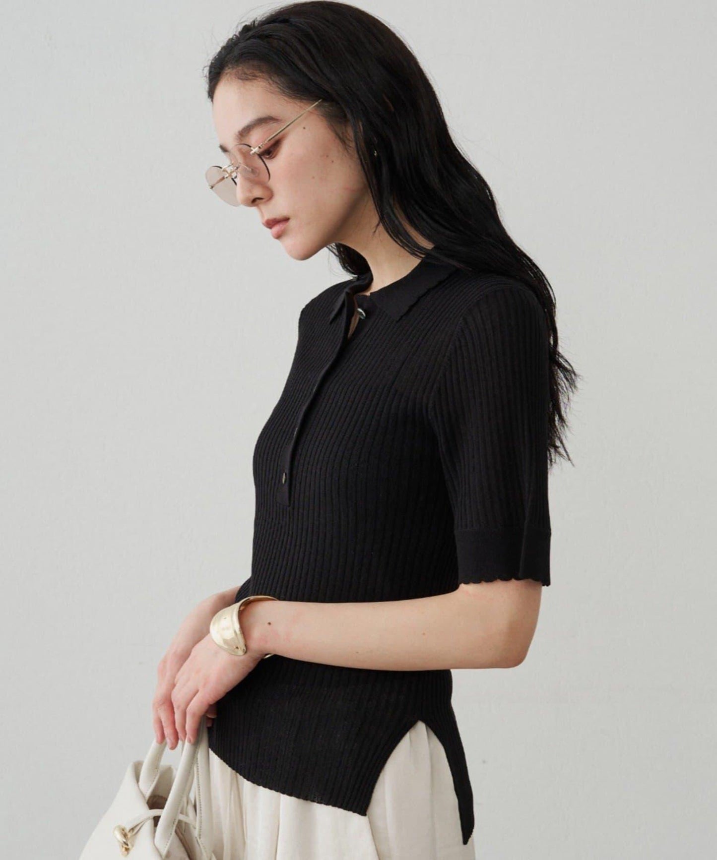 Loungedress 透視羅紋Polo針織衫