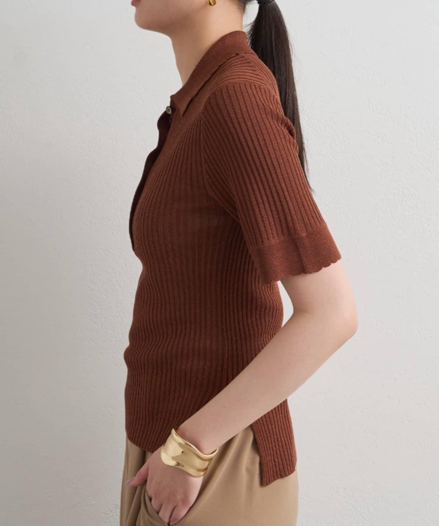Loungedress 透視羅紋Polo針織衫