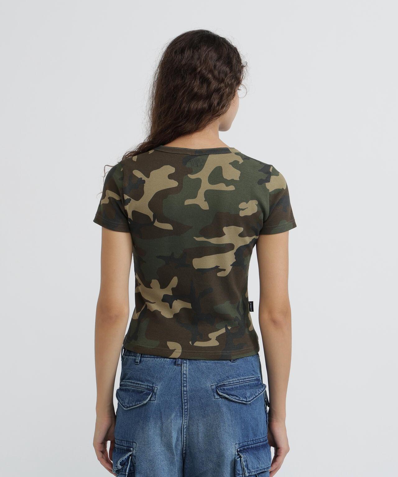 DAILY WOMAN RIB CAMO S/S HENLEY NECK T-SHIRT