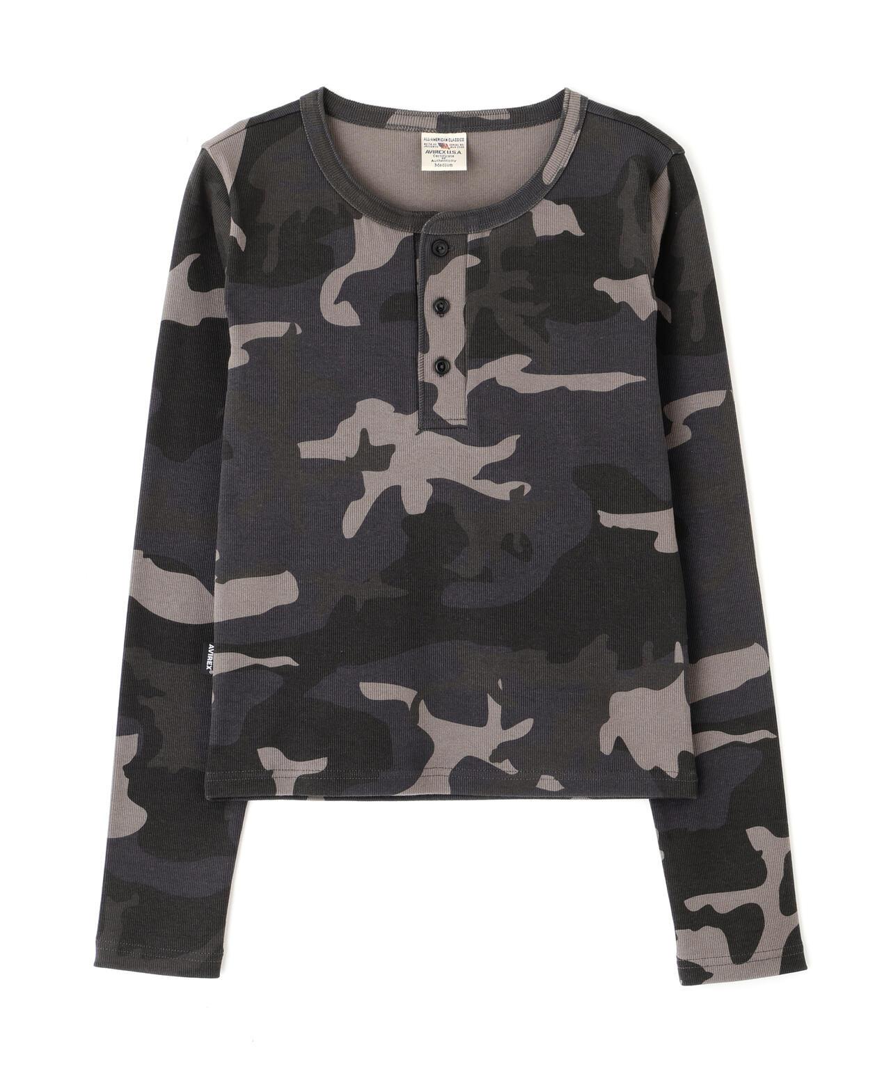 DAILY WOMAN RIB CAMO L/S HENLEY NECK T-SHIRT