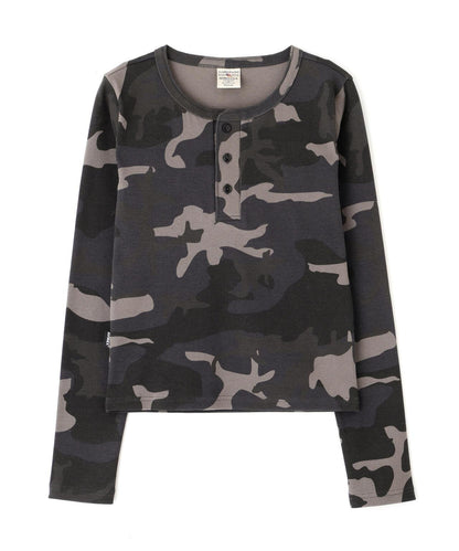 DAILY WOMAN RIB CAMO L/S HENLEY NECK T-SHIRT